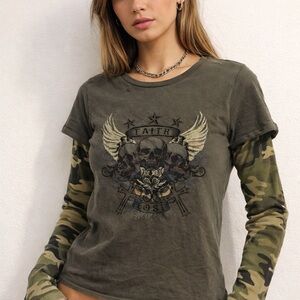 Zumiez Olive Skull Graphic Tee with Camouflage Sleeves